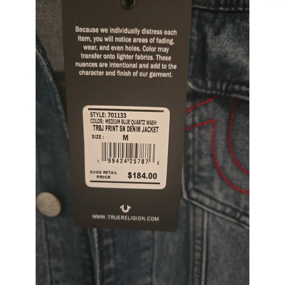 True Religion Men’s Jacket Denim with Red Stitch Printed Logo SZ M NEW